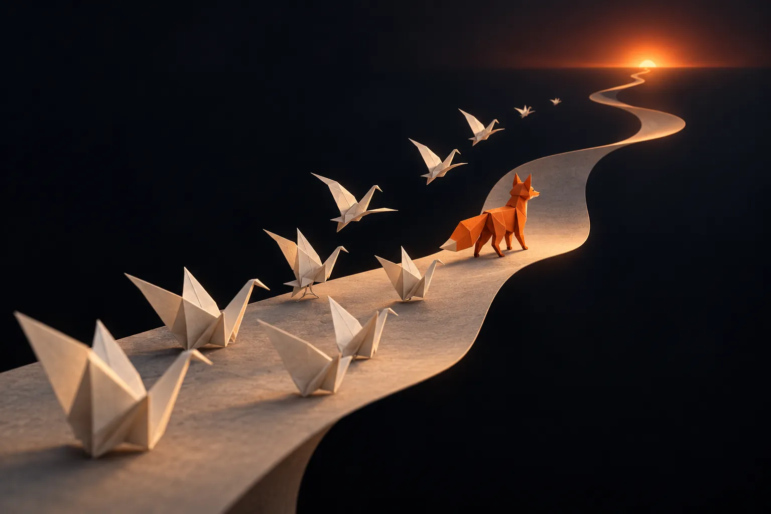 Un renard en origami ouvre un chemin de papier, suivi par une nuée de grues en papier