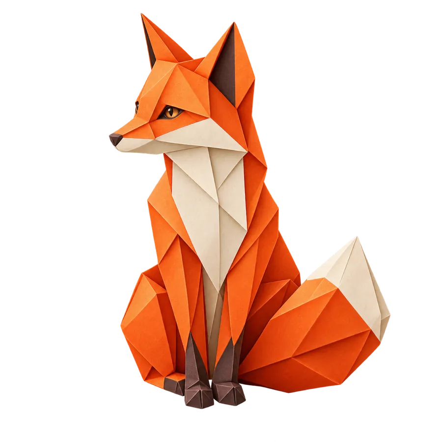 Un renard en origami, plié dans un papier orange et crème