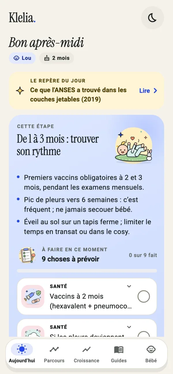 Accueil de Klelia : le repère du jour et l'étape en cours